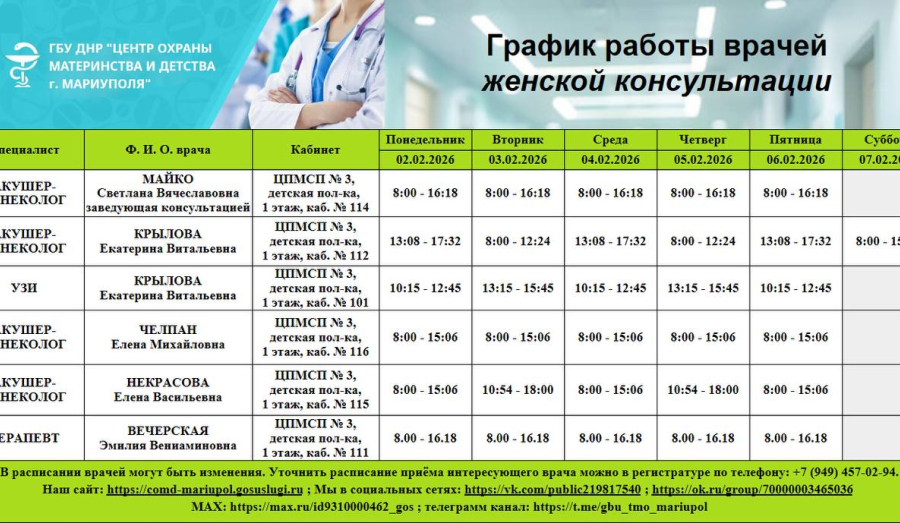 График работы врачей ГБУ ДНР ЦОМД "Центр охраны материнства и детства г. Мариуполя" со 2 по 7 февраля 2026 года