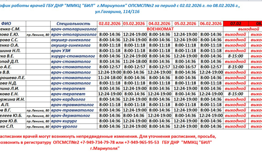 График работы врачей Поликлиники №2 со 2 по 7 февраля / ГБУ "ММКЦ "БИЛ" (больница Водников)
