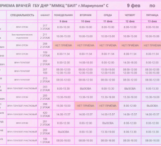 График работы врачей ГБУ ДНР ММКЦ БИЛ г. Мариуполя Поликлиника №2 | C 9 по 14 февраля 2026 года