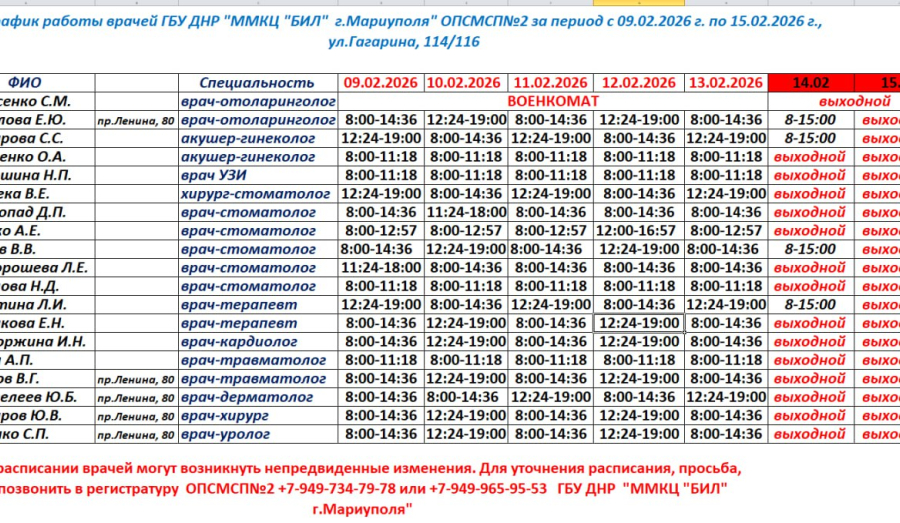 График работы врачей Поликлиники №2 с 9 по 14 февраля / ГБУ "ММКЦ "БИЛ" (больница Водников)