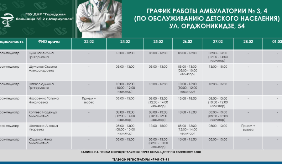 График работы врачей ГБУ "Городская больница №2" (Левый берег) | C 24 по 28 февраля 2026 г.