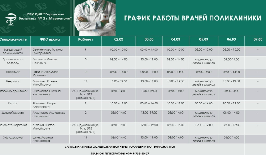 График работы врачей ГБУ Городская больница №2 (Левый берег) Со 2 по 8 марта 2026 г.