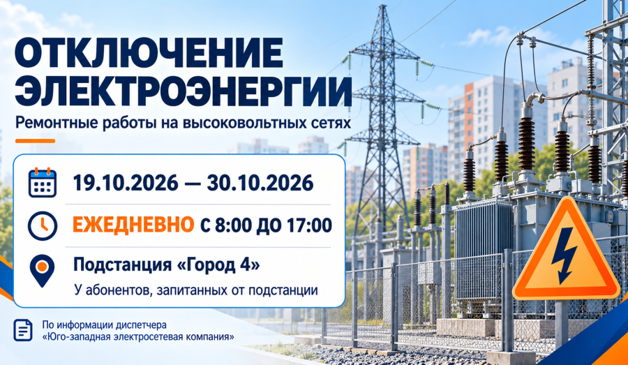 В период с 19.10.2026 по 30.10.2026 ЕЖЕДНЕВНО с 8:00 до 17:00 будут проводиться ремонтные работы по высоковольтным сетям